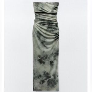 Zara Olive Green & Black Strapless Ruched Midi Dress